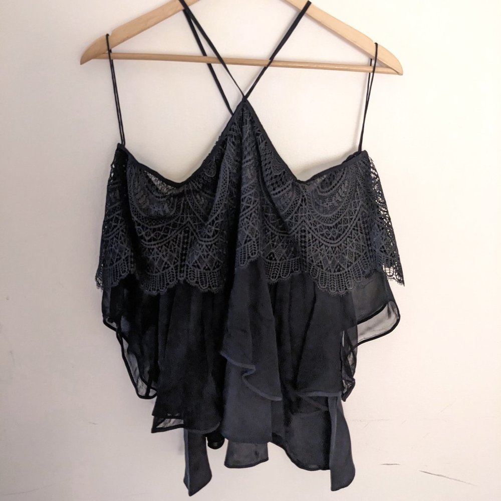 Cinq a Sept - Black Tiered Cold Shoulder Blouse with Lace